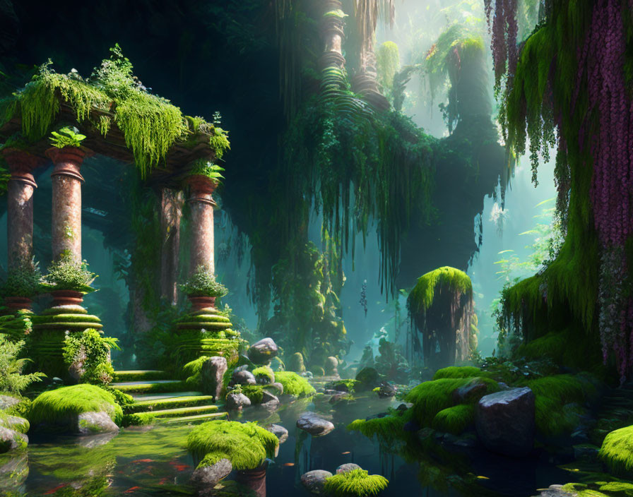 Mystical forest scene with ancient stone pillars and lush green moss