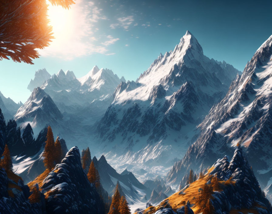 Sunlit snow-covered mountain peaks amidst autumn foliage and evergreen trees under a clear blue sky.