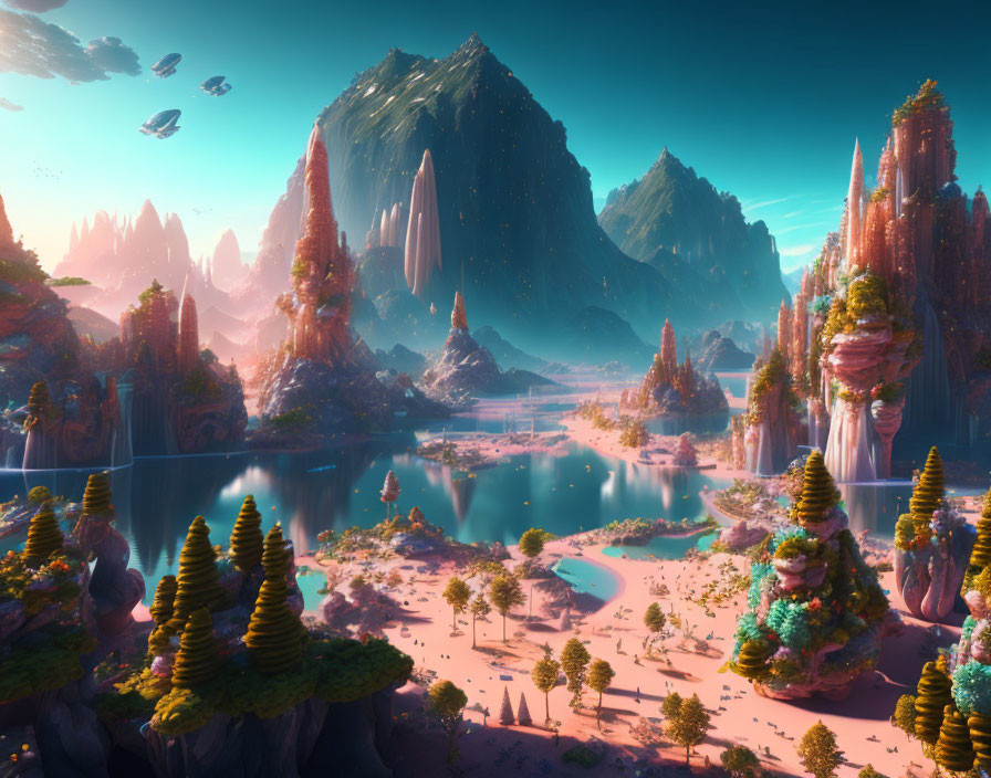 Majestic mountains, tranquil lake, alien vegetation in fantasy landscape