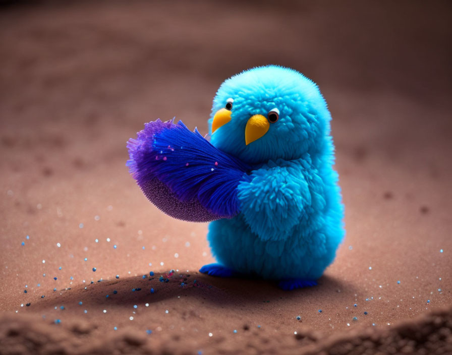 Blue fluffy bird-like creature with yellow eyes holding a purple feather on brown surface.