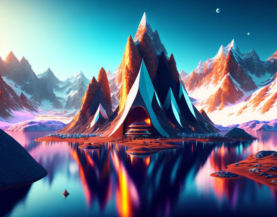 Surreal sunset-hued mountains, futuristic building, multiple moons landscape