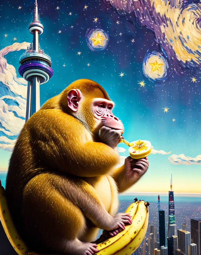 Colorful Monkey with Banana in City Skyline & Cosmic Background