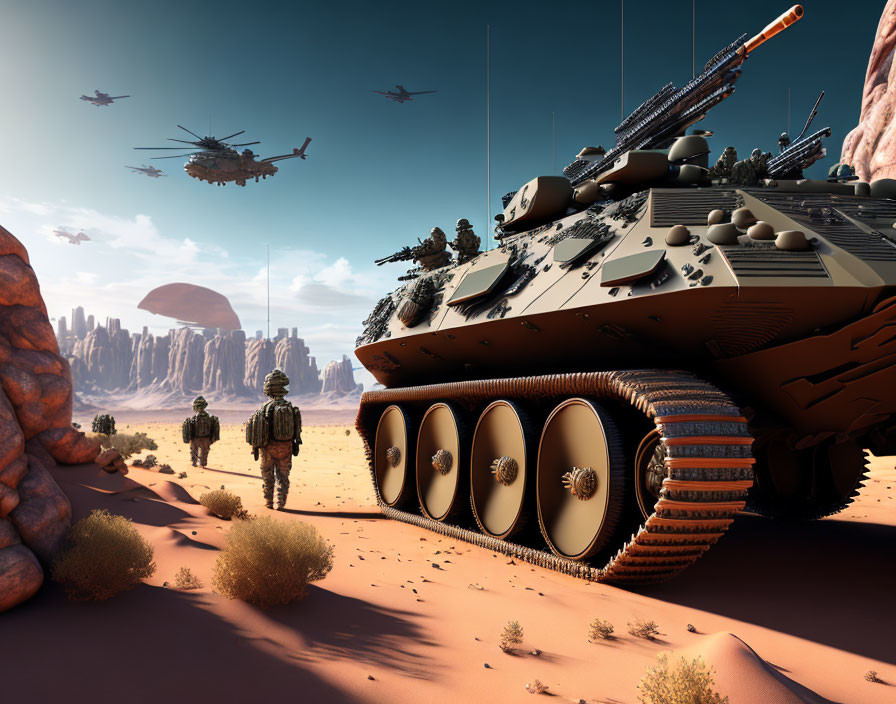 Futuristic military scene with tank, soldiers, helicopters in desert landscape