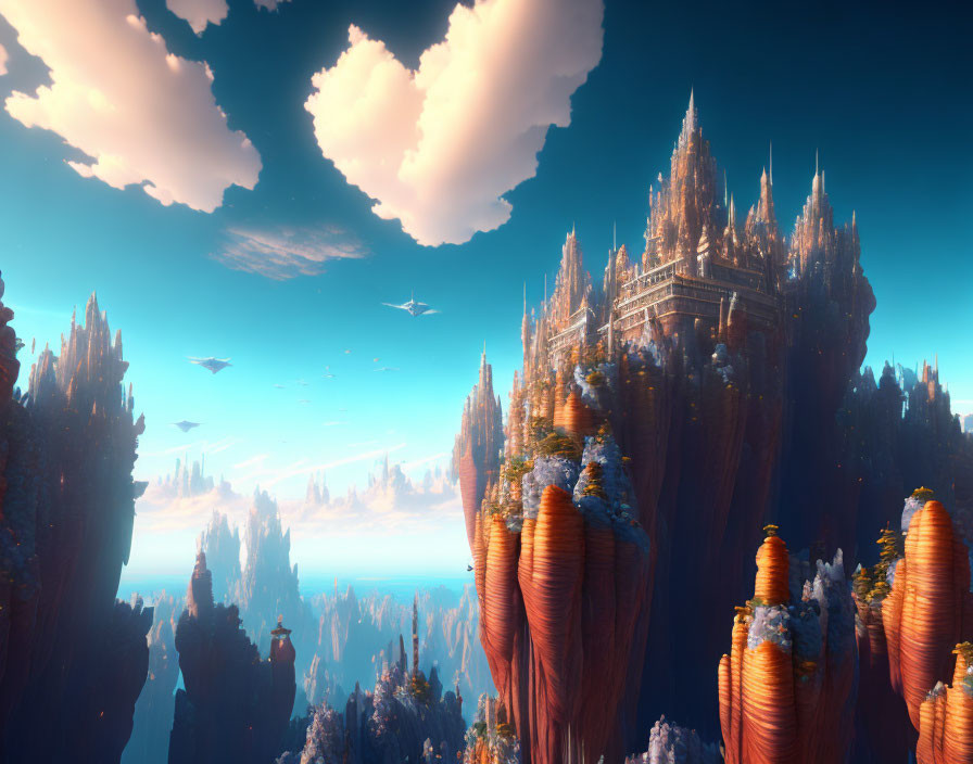 Fantastical landscape with towering rock formations and grand castles under vibrant blue sky