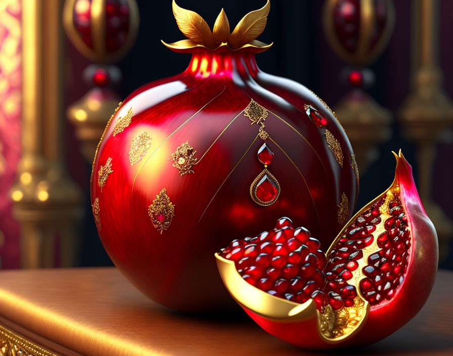 Luxurious red and gold ornamental pomegranate with intricate designs and ruby-like seeds.