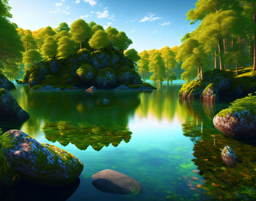 Tranquil Lake Scene with Green Trees and Rocks