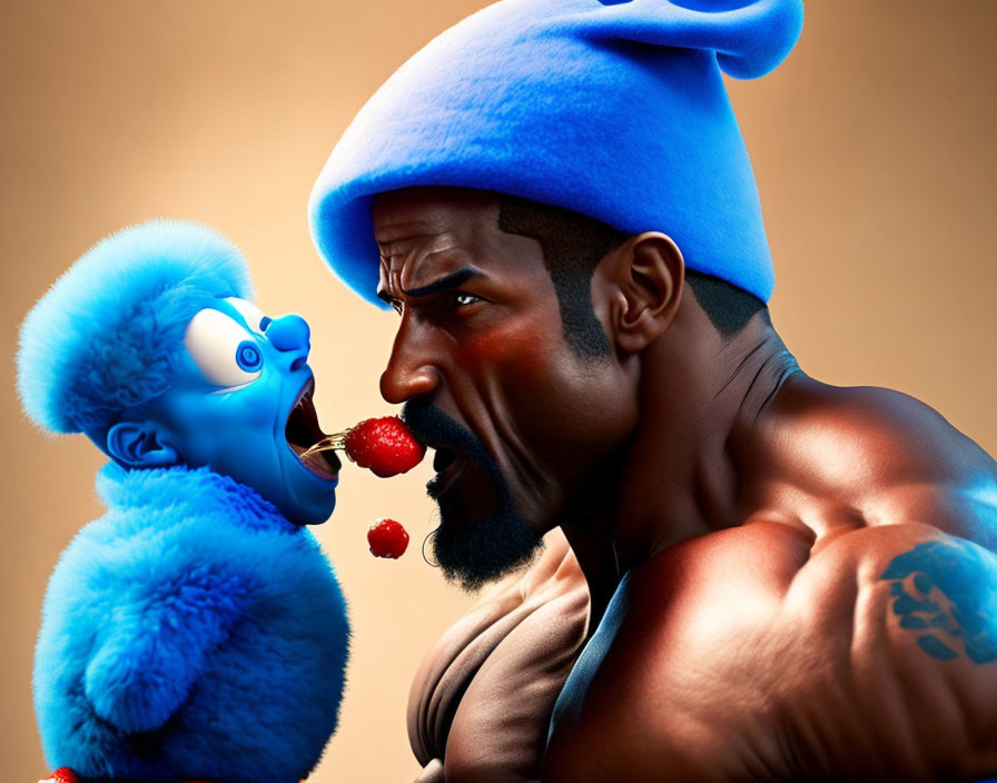 Muscular man in blue beanie confronts shouting blue creature