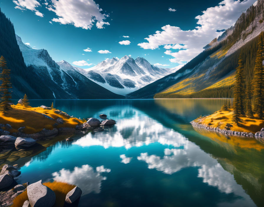 Scenic Mountain Lake with Snowy Peaks Reflections