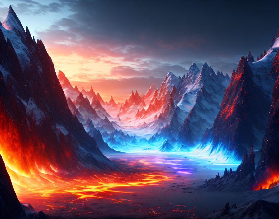 Fantastical landscape with jagged mountains, twilight sky, lava river, icy blue terrain