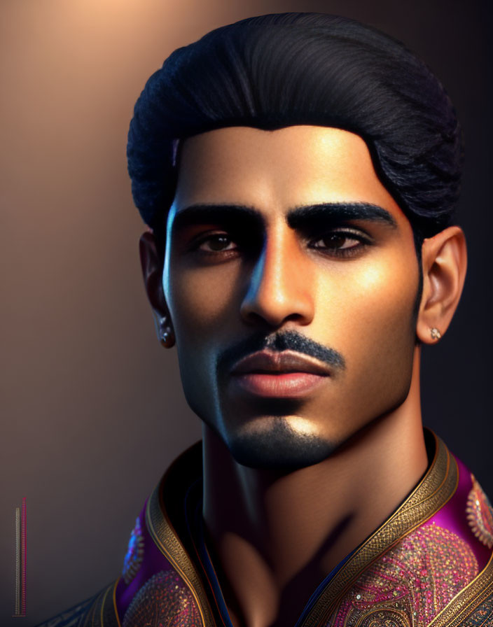 Digital portrait: styled black hair, piercing gaze, facial hair, earring, vibrant patterned garment