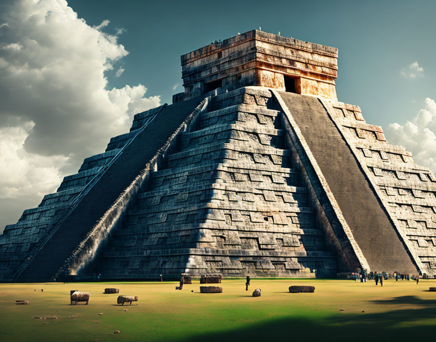 Ancient Pyramid at Chichén Itzá with Tourists and Cloudy Sky