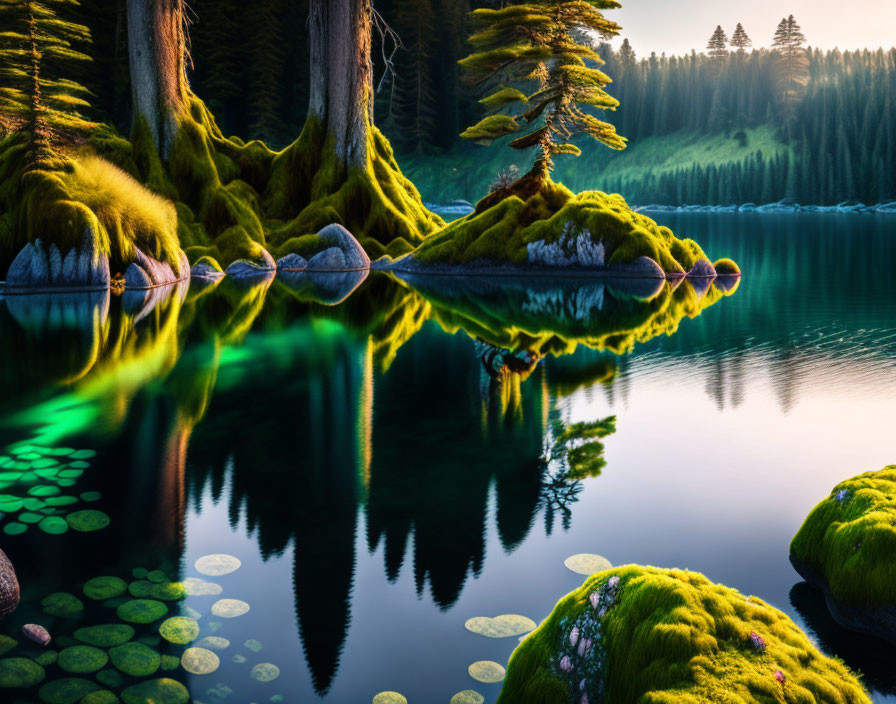 Serene lake scene with moss-covered trees and lily pads