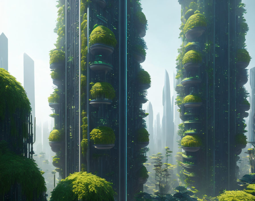 Futuristic cityscape with tall greenery-covered buildings in misty environment