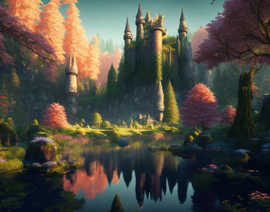 Majestic castle in mystical forest with pink foliage and tranquil lake