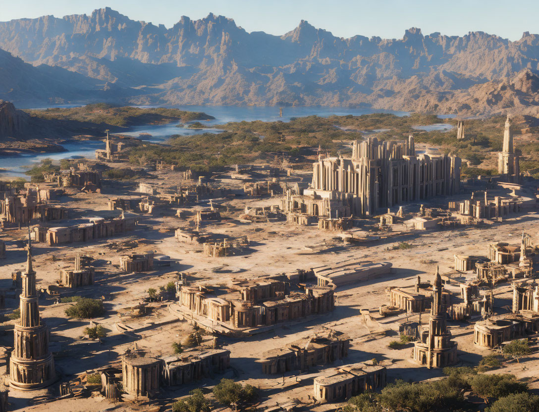 Ancient Ruins and Columns in Desert Landscape