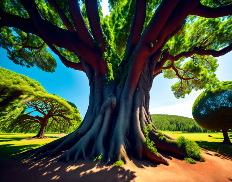 Large tree with wide trunk and sprawling roots in lush green landscape