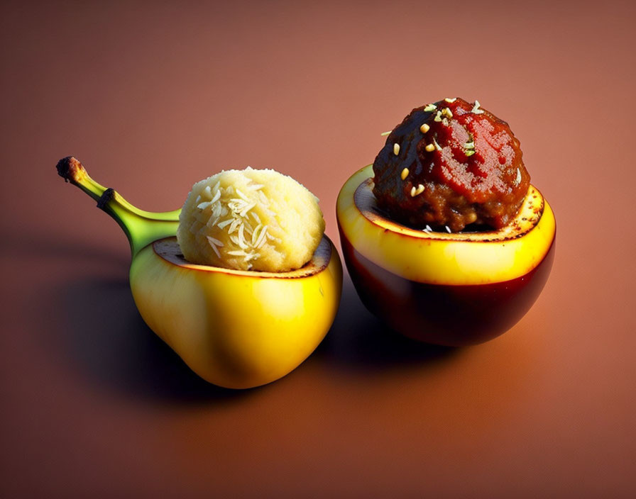 Apple halves with meatball and mashed potato: playful gourmet twist