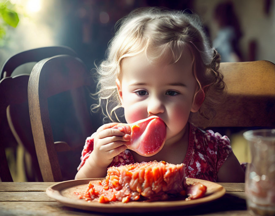 Young child enjoying watermelon at sunlit table with fruit plate.