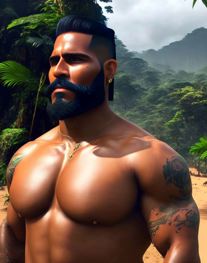 Bearded, tattooed man in jungle setting