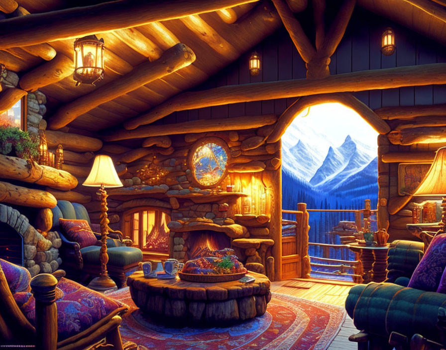 Rustic log cabin interior with stone fireplace and mountain view