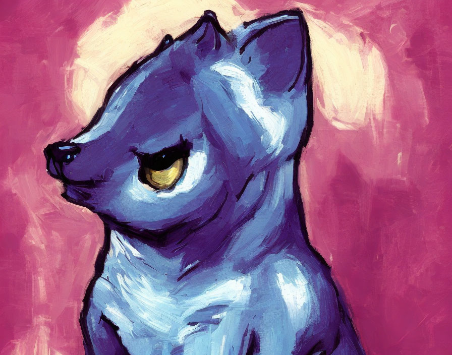 Stylized blue cat with yellow eyes on textured pink background