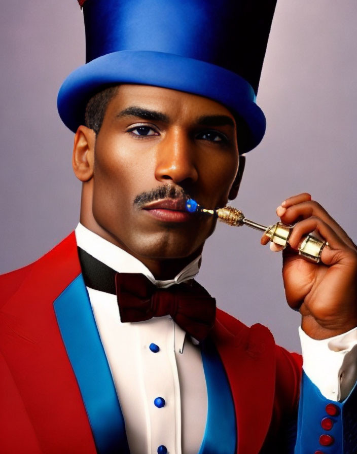 Sophisticated man in colorful attire and monocle portrait.