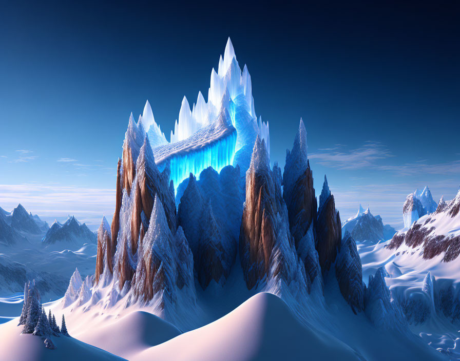 Icy mountain landscape with crystal-like peak & frozen waterfall