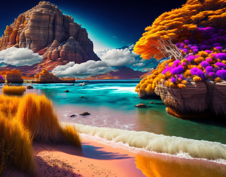 Vibrant surreal landscape: colorful vegetation, rocky formations, turquoise river.