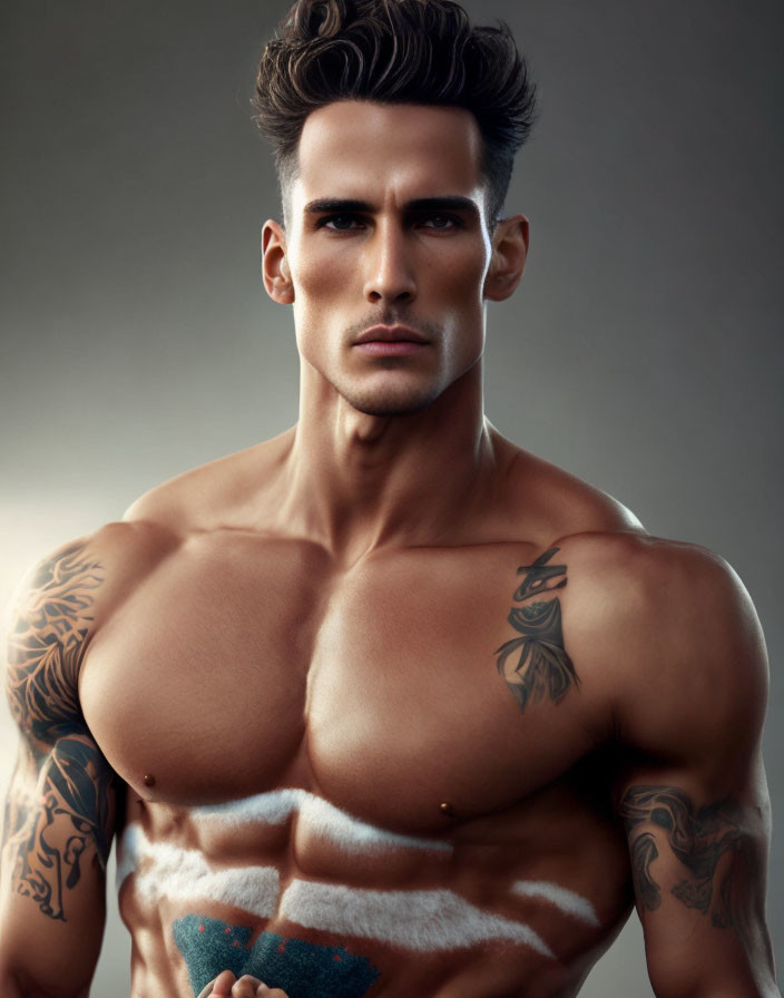 Muscular man with styled hair and tattoos posing against neutral background