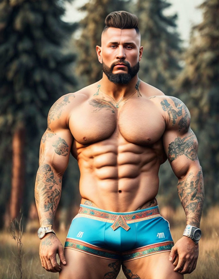 Muscular man with tattoos posing outdoors in sports shorts and wristwatch