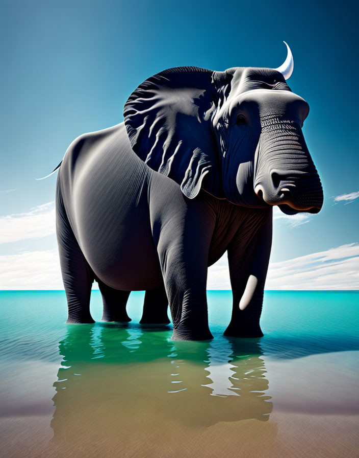 Surreal digital artwork: elephant in water with crescent moon