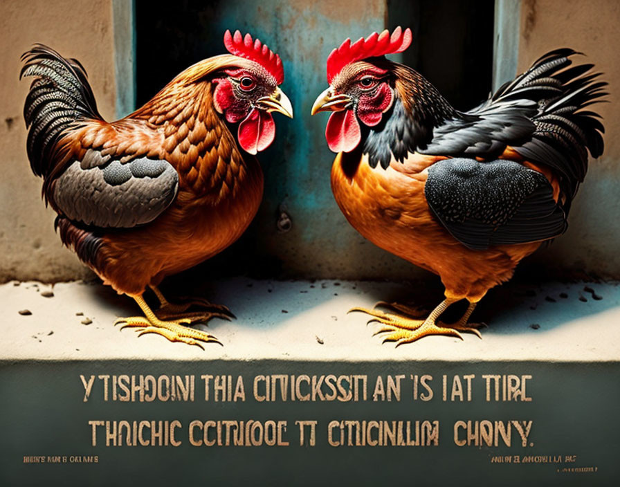 Two chickens in front of rustic wall with scrambled text overlay