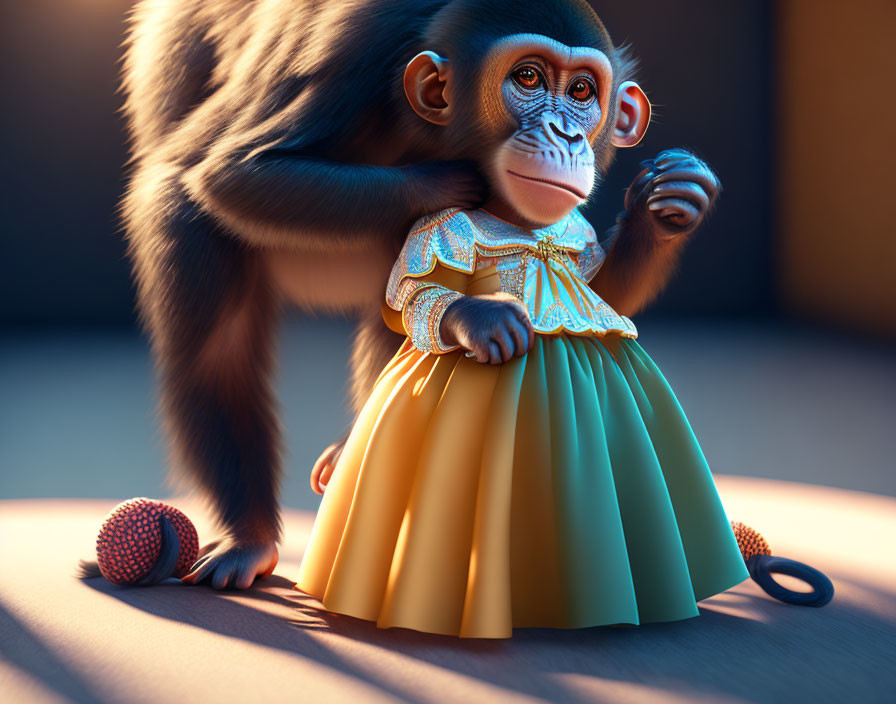 Adorable Baby Monkey in Dress with Toys and Necklace