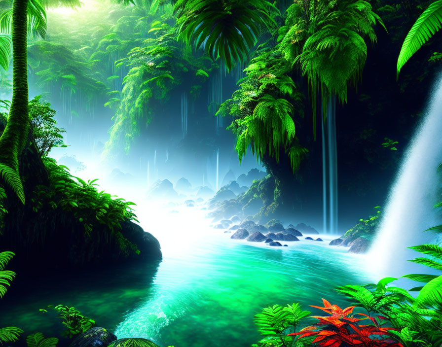 Tropical forest with misty waterfall and turquoise river