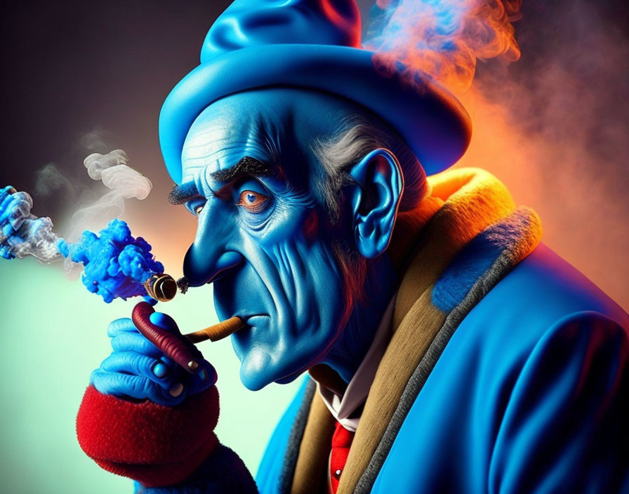 Stylized 3D illustration: Elderly man in blue hat smoking cigar on gradient background