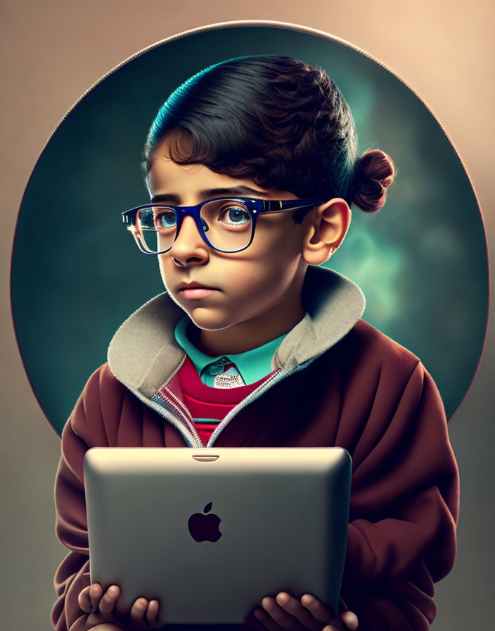 Child with glasses holding laptop under halo effect