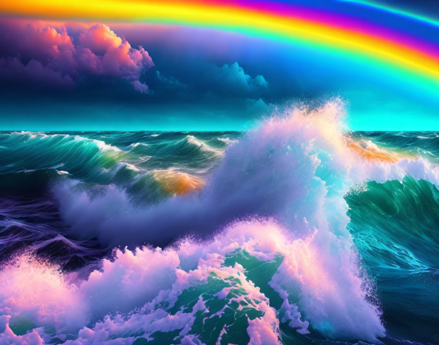 Colorful rainbow over dramatic ocean waves and cloudy sky