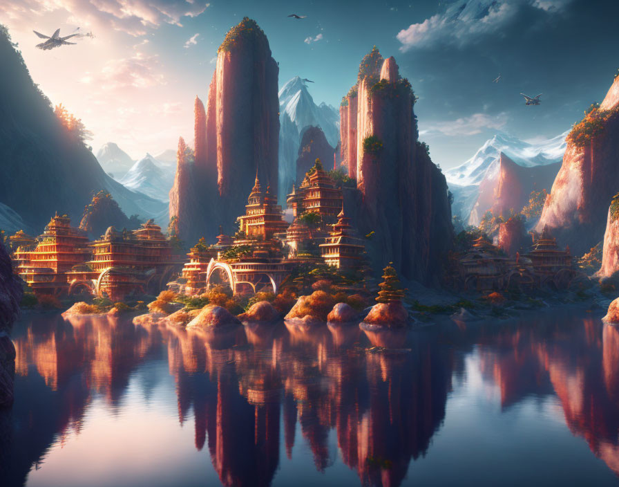 Digital artwork: Ancient Asian city among rock formations at sunset