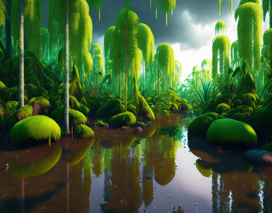 Alien forest with towering fungi trees and reflective water