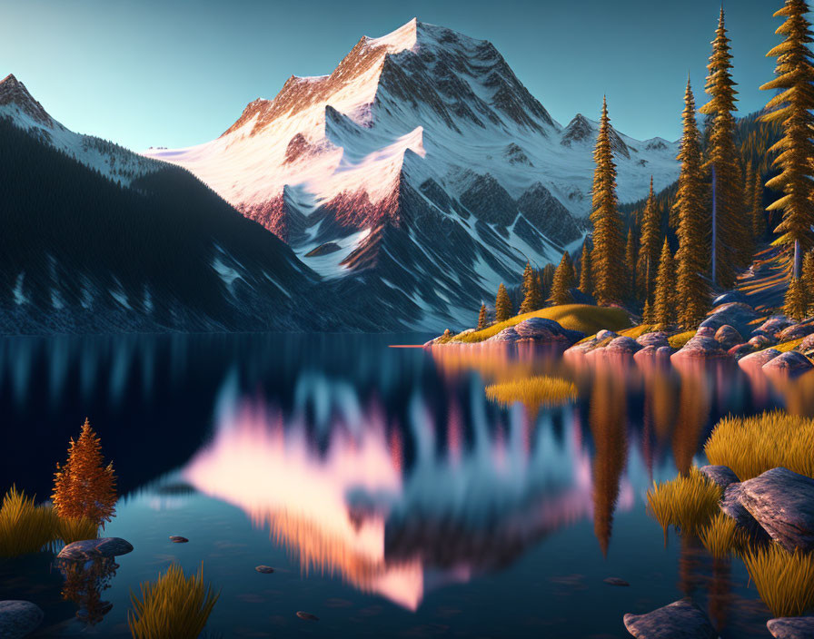 Serene mountain landscape at dusk with reflective lake, pine trees, and snowy peaks