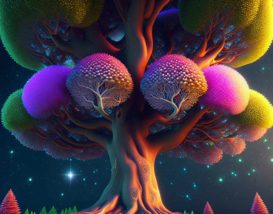 Colorful digital artwork: Tree with luminous foliage under starry sky