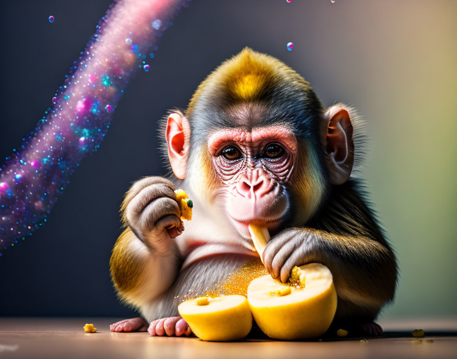 Colorful Monkey Holding Fruit with Sparkling Background