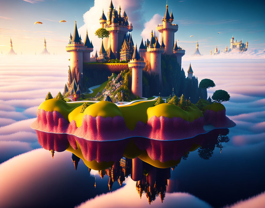 Vibrant sunset scene: floating island with castles, flying creatures, and reflective water.