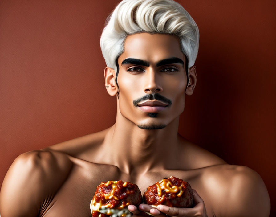 Man with white hair and goatee holding meatballs on brown background