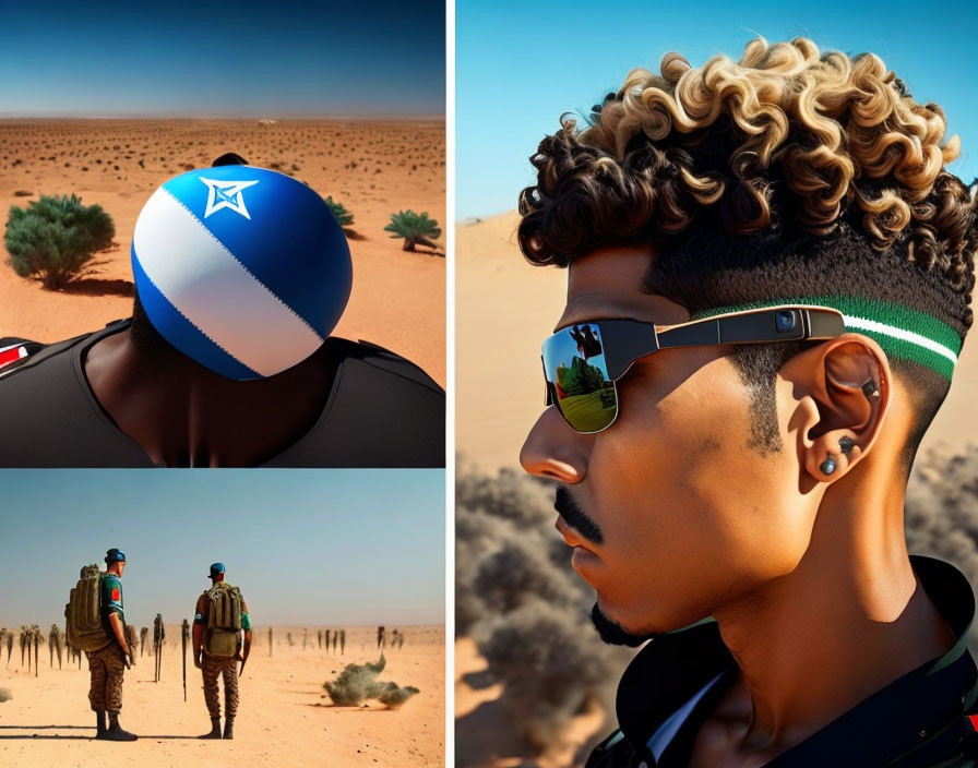 Digital collage featuring stylish individual, flag-patterned beach ball head, and desert walkers