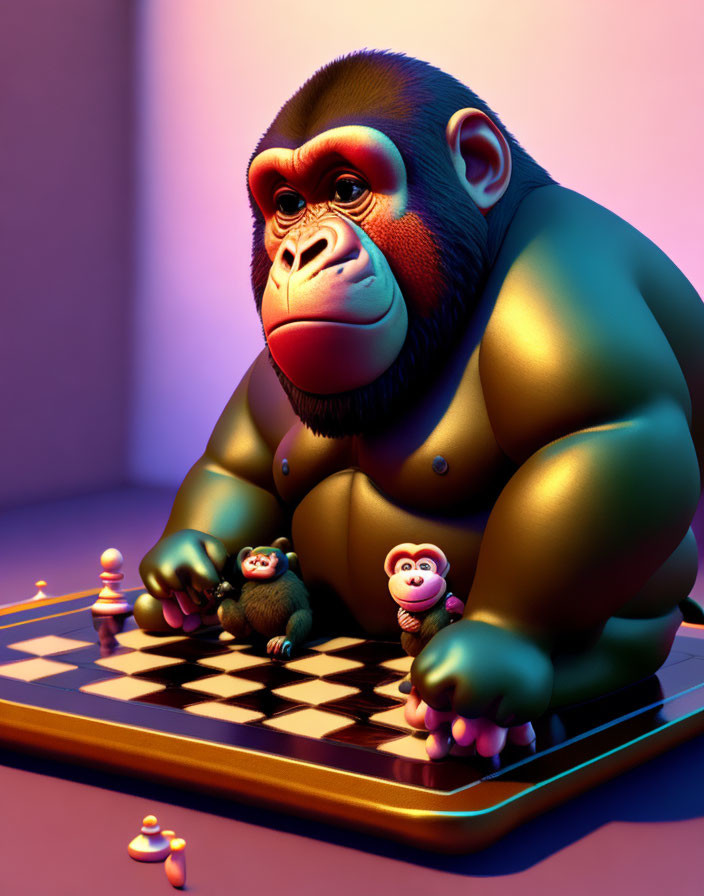 Stylized 3D illustration of gorilla playing chess with monkeys