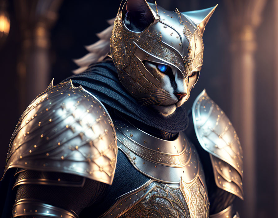 Anthropomorphic cat in medieval armor with cat-shaped helmet in dimly lit setting