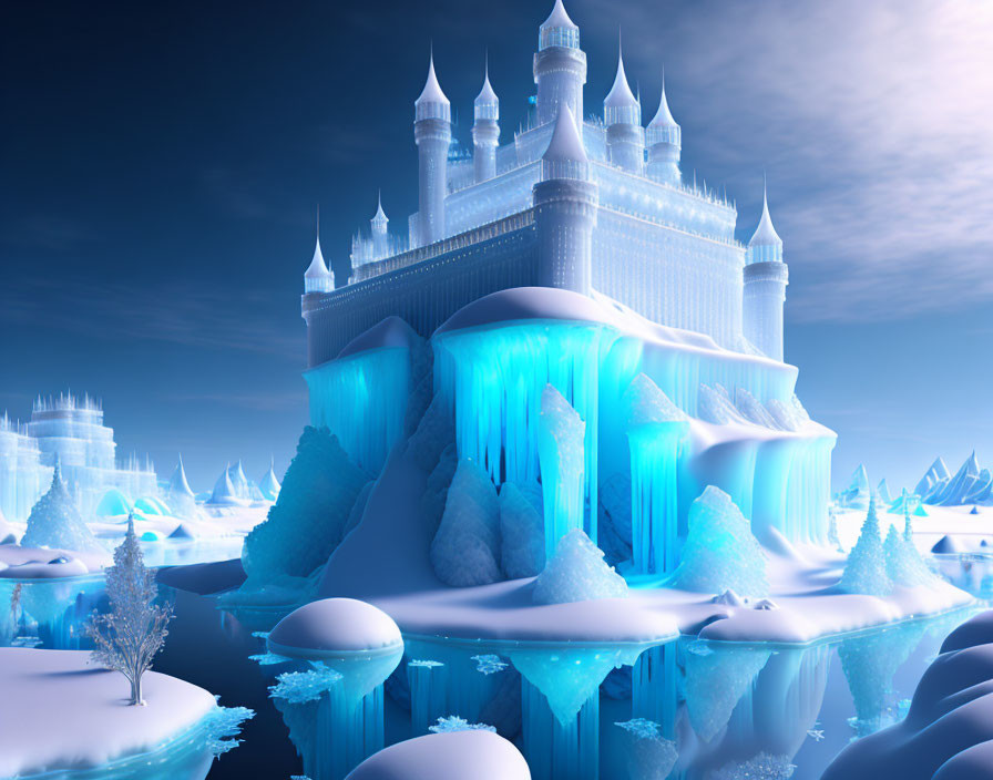 Frozen landscape with fantastical ice castle and snow-covered trees