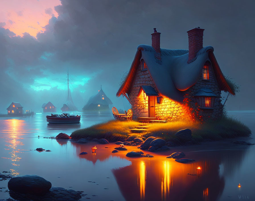 Tranquil lakeshore cottage at twilight with glowing window