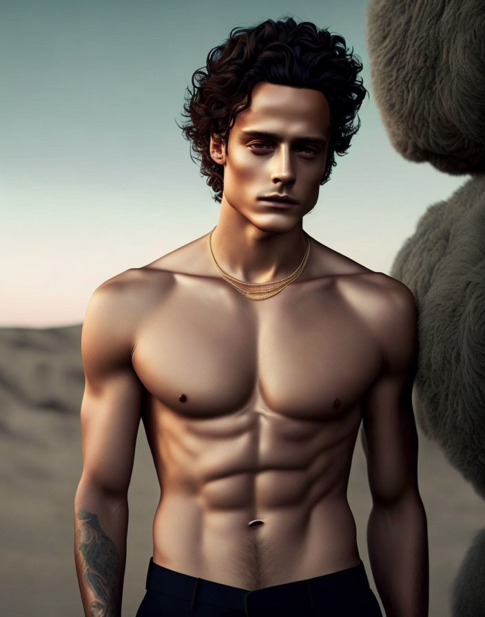 Muscular male model with abs in desert setting with plush bear.